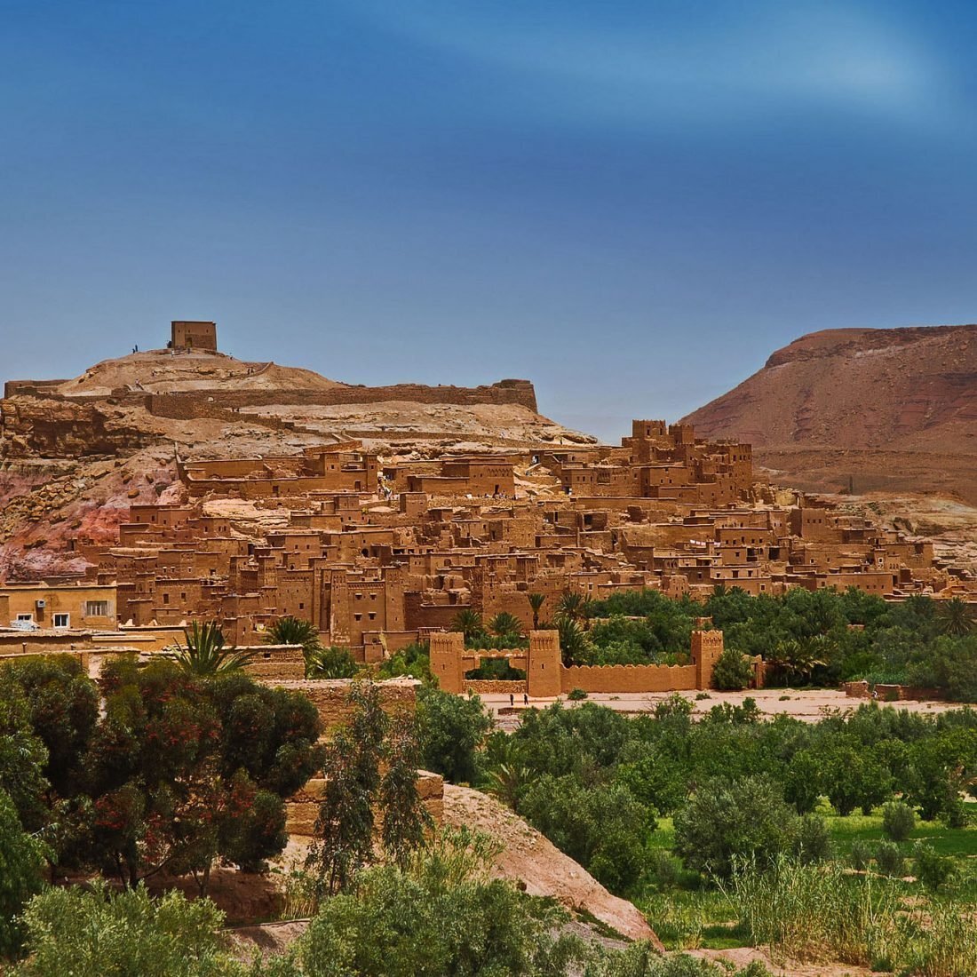Mud-brick ksar on a hillside above a green oasis