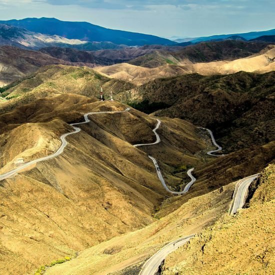 Road winding over the Tizi n'Tichka pass in the High Atlas