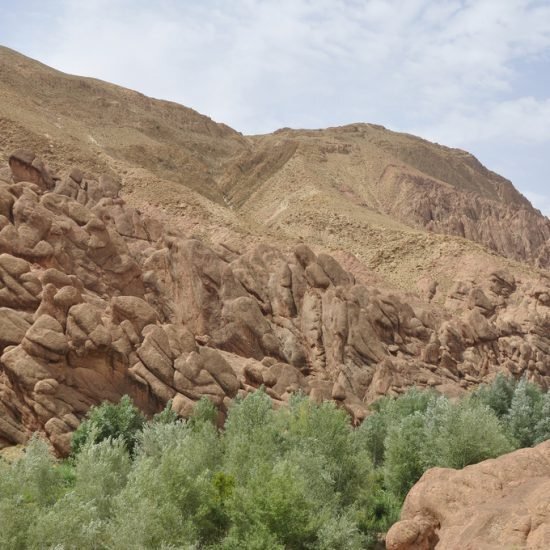Eroded rock formations above green trees in the Dades valley