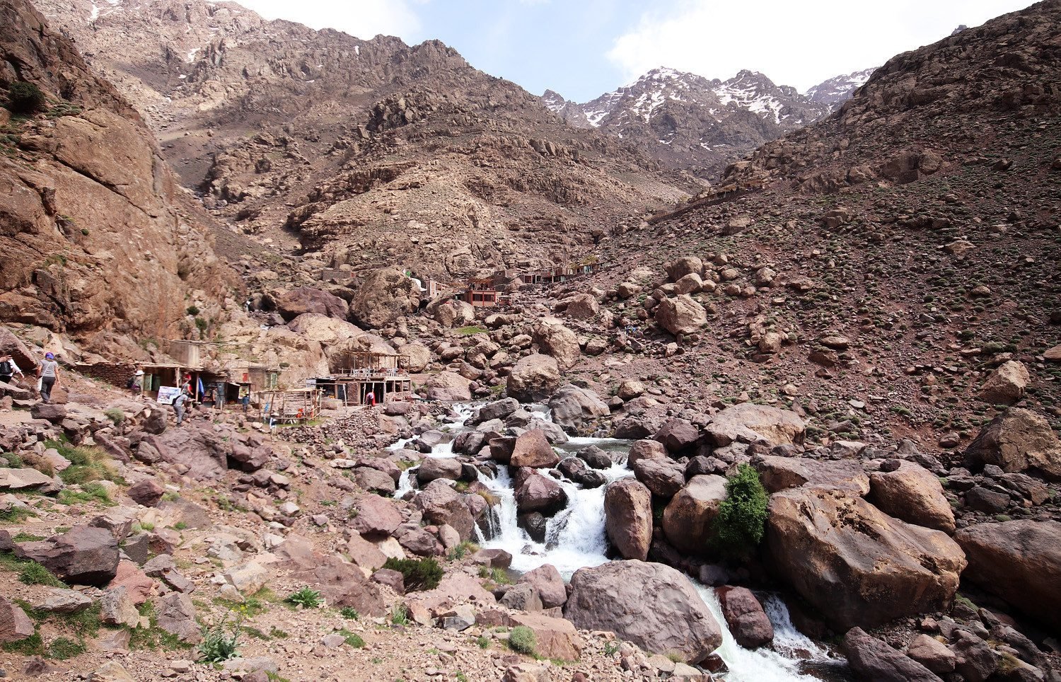 Stream tumbling over boulders in a High Atlas valley below snowy peaks