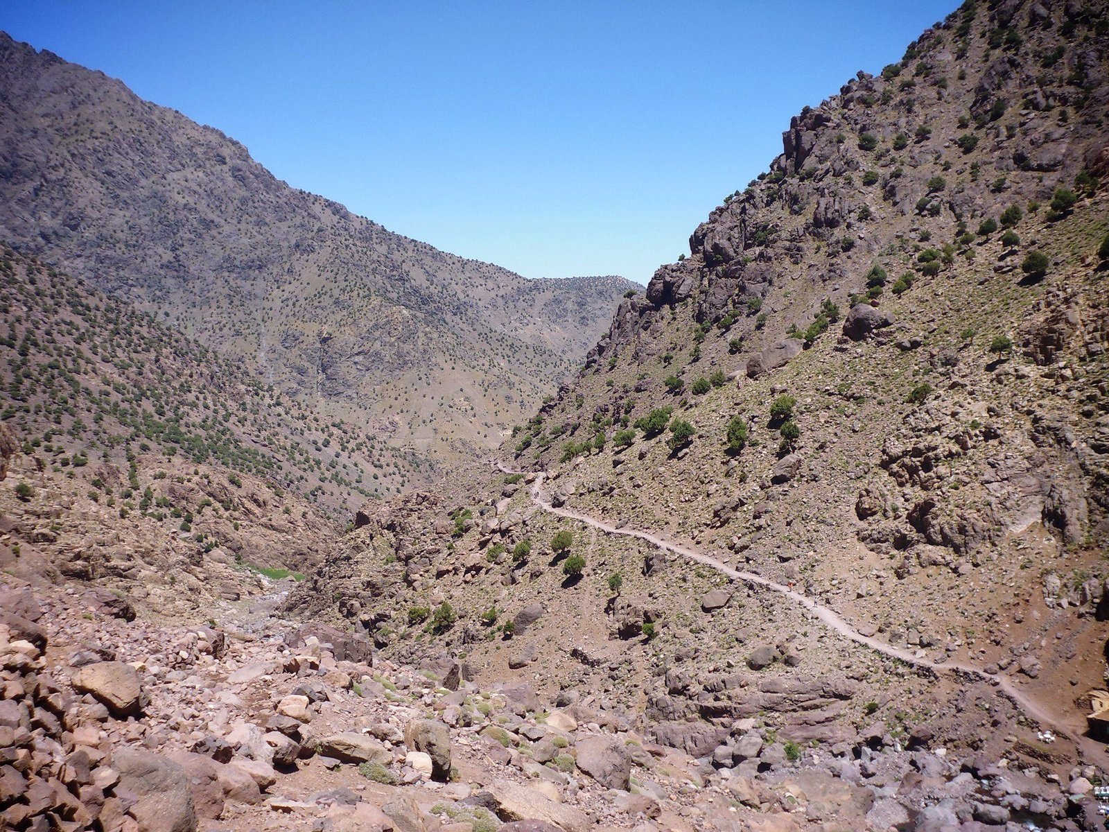 Trail winding up a rocky valley on the hike to Sidi Chamharouch