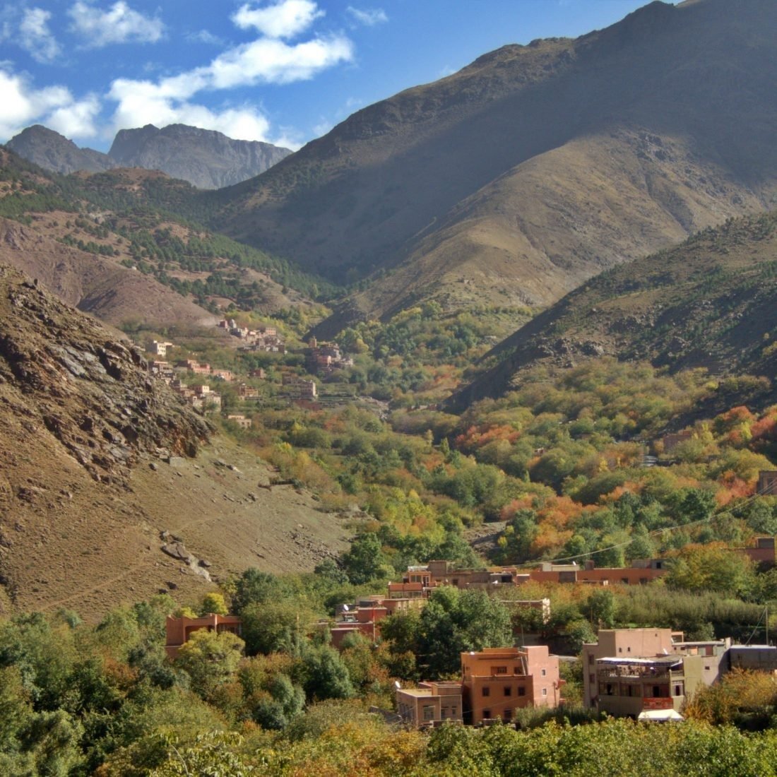 Village houses among autumn trees in a green Atlas valley