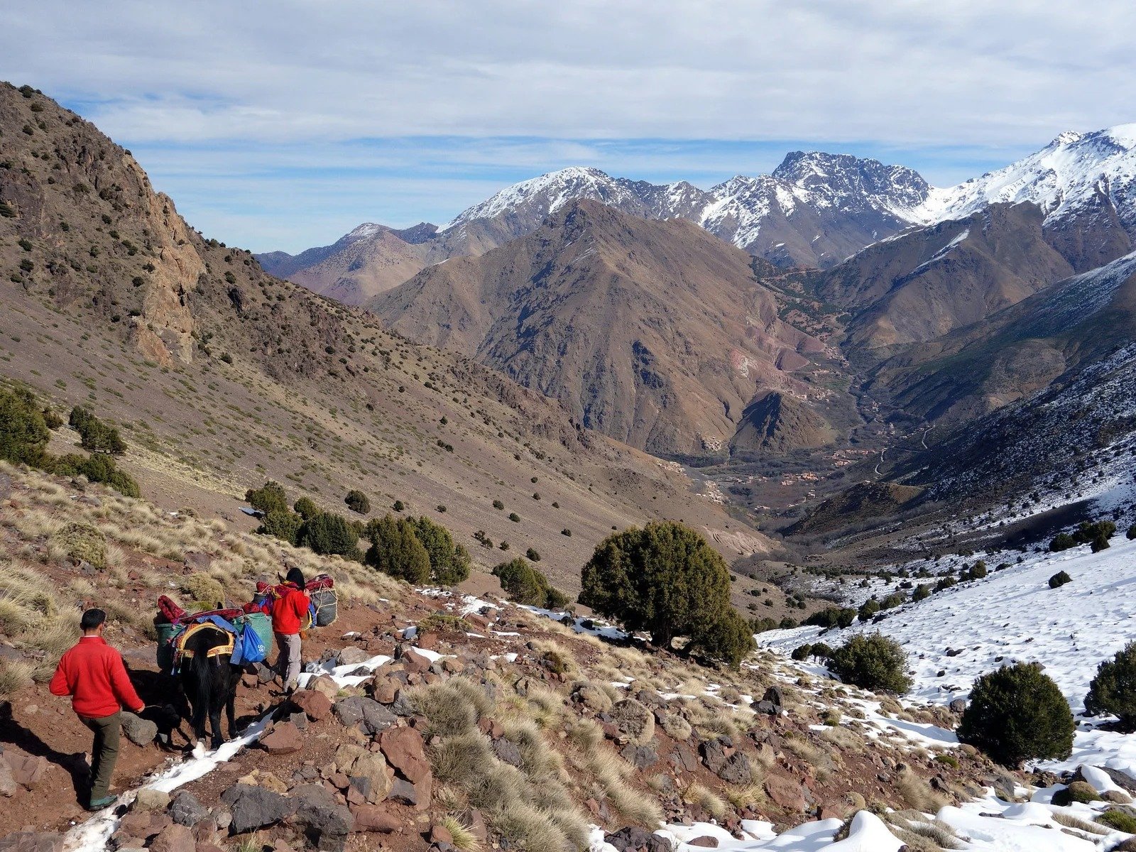 Trekkers and mules on a trail with patches of snow below the High Atlas